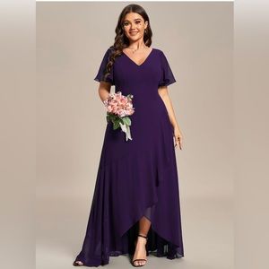 NWT Ever Pretty Plus dark purple Double V Neck A Line Backless High Low size 18
